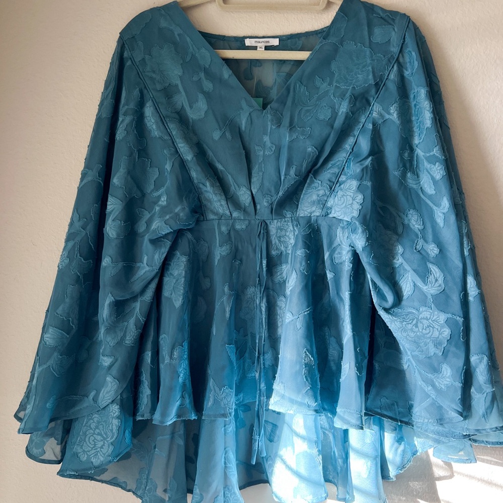 (maurices) NWT turquoise blue whimsical floral sheer blouse